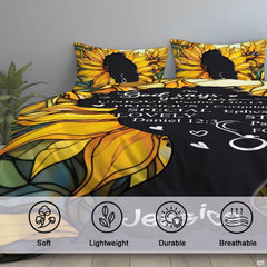 Side angle view of scripture bedding displaying dramatic charcoal black and radiant yellow tones