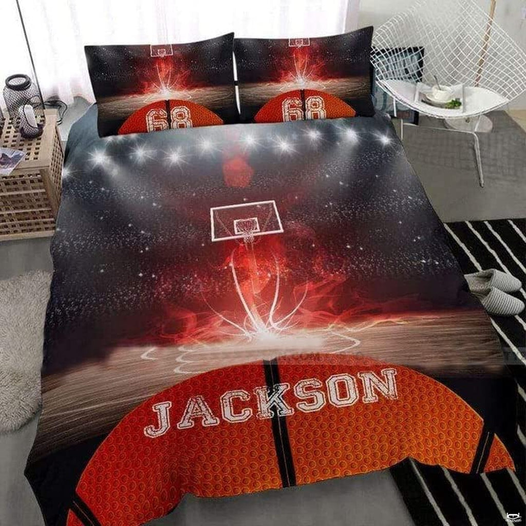 Fiery red light trails and glowing hoop graphics on basketball bed cover bedding set decor.