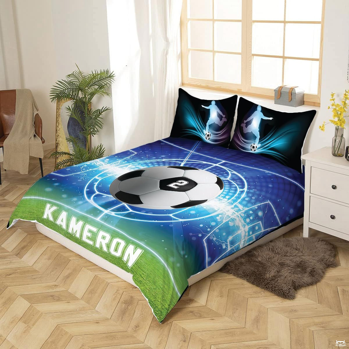 Angle view of soccer sports bedding illustrating luminous cyan and royal blue pitch graphic textures