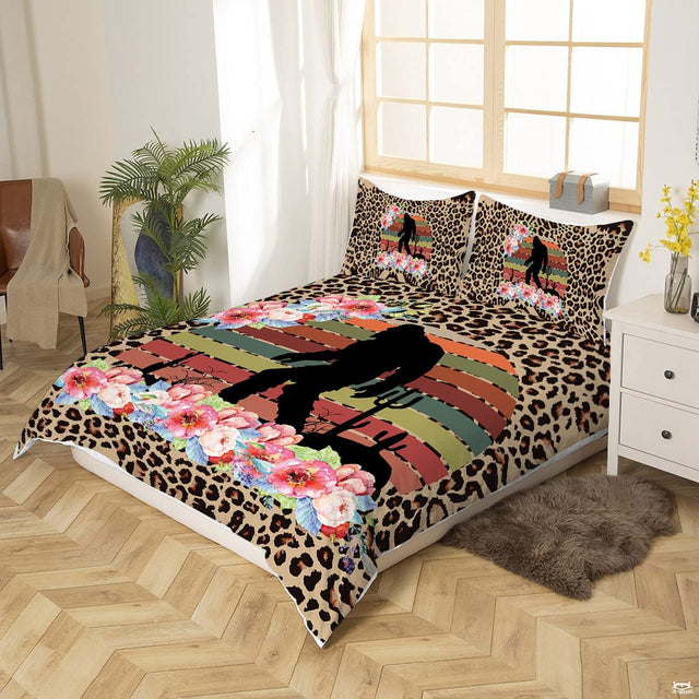 Unique bedding sets featuring Sasquatch art, blooming peonies, and leopard pattern backdrop.