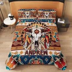 Full bedroom display of southwestern cow skull bedding styled with rustic timber and desert decor