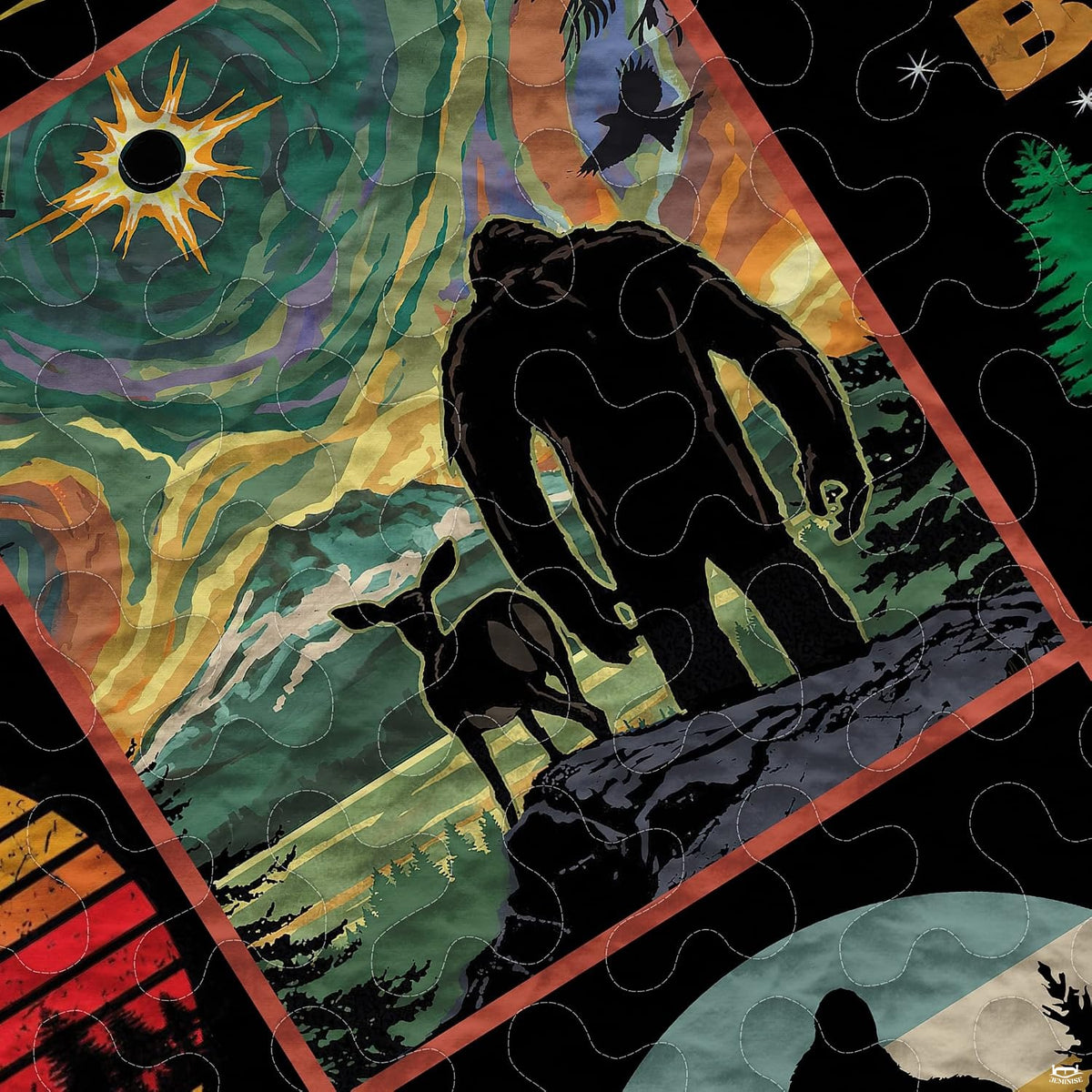 Close-up view of vintage ape silhouette graphic panels on dark wilderness bed sheets.