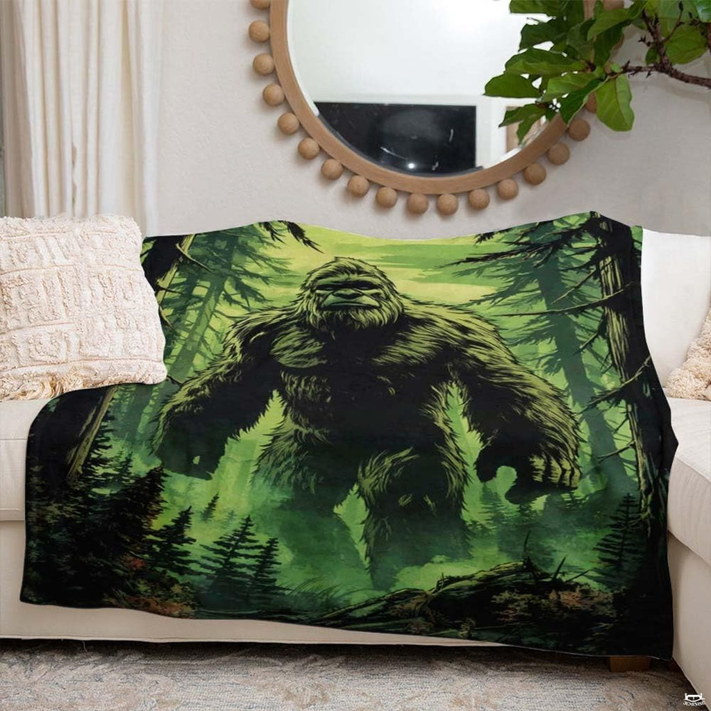 Bigfoot Sasquatch walking through misty evergreen pine forest, view 6.