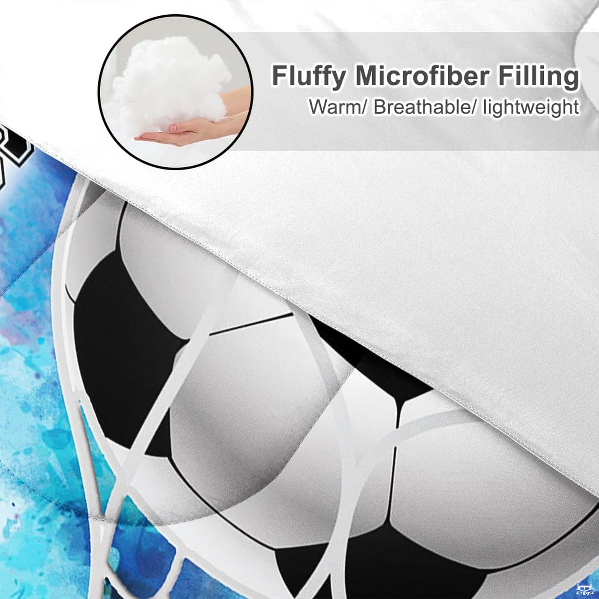 Corner fold view of watercolor soccer bedding highlighting bright blue artistic printing