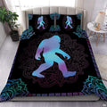 Bigfoot mandala bedding featuring a cyan and purple gradient silhouette on intricate black lace pattern