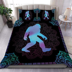 Bigfoot mandala bedding featuring a cyan and purple gradient silhouette on intricate black lace pattern