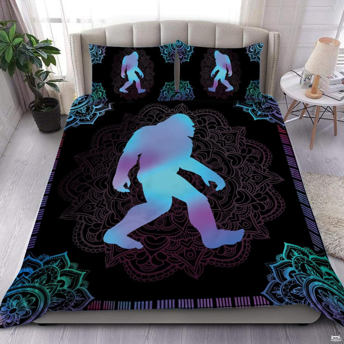 Bigfoot mandala bedding featuring a cyan and purple gradient silhouette on intricate black lace pattern