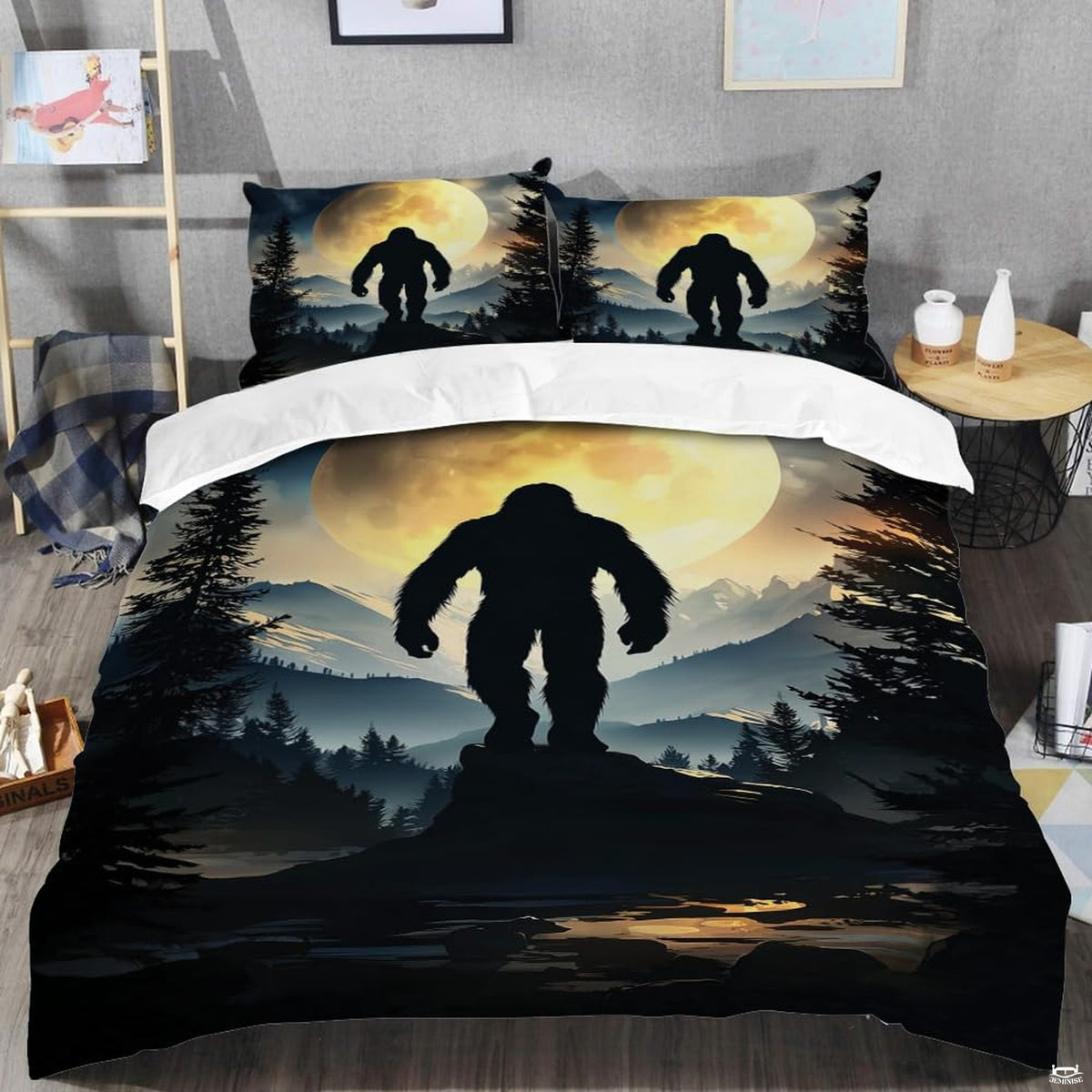 Top angle perspective of bigfoot silhouette bedding showing detailed glowing moon ring and misty forest accents.