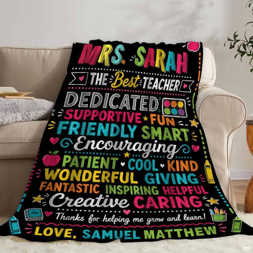 Artistic detail of books, apples, and colorful stars on bedding set.