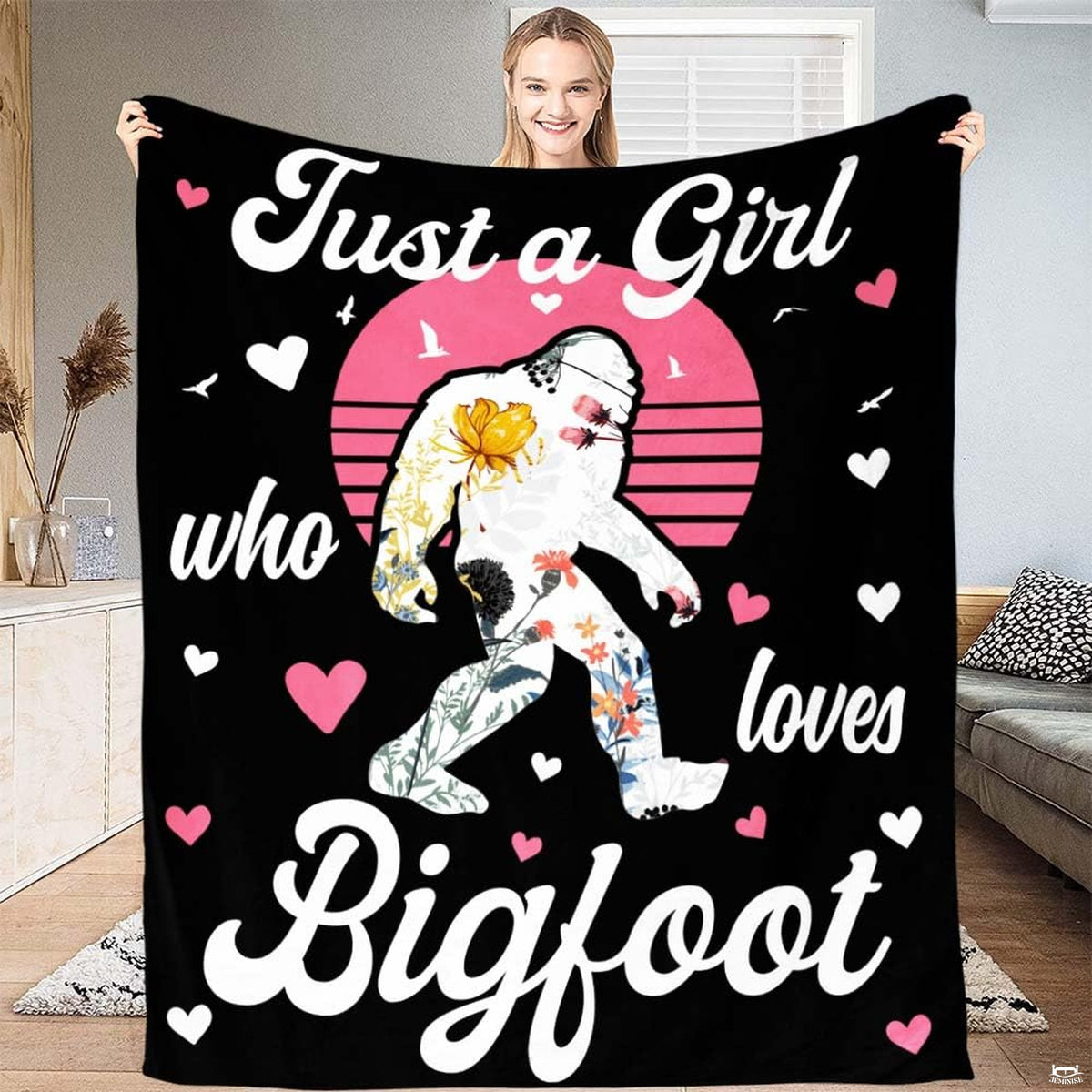 Floral Bigfoot retro sunset throw blanket featuring wildflower patterned Sasquatch and pink striped sunset