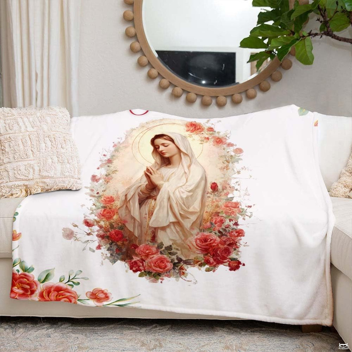 Warm bedroom styling highlighting serene Virgin Mary religious painting artwork in peaceful ambient light.