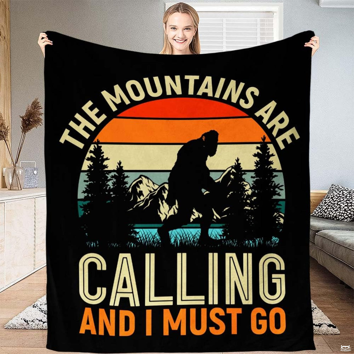Retro sunset mountain badge with Bigfoot silhouette and mountains are calling quote, view 1.