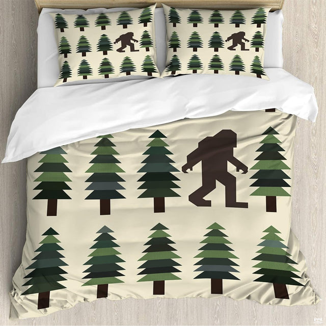 Bigfoot pine forest bedding featuring a Sasquatch silhouette striding between green patterned trees on cream backdrop