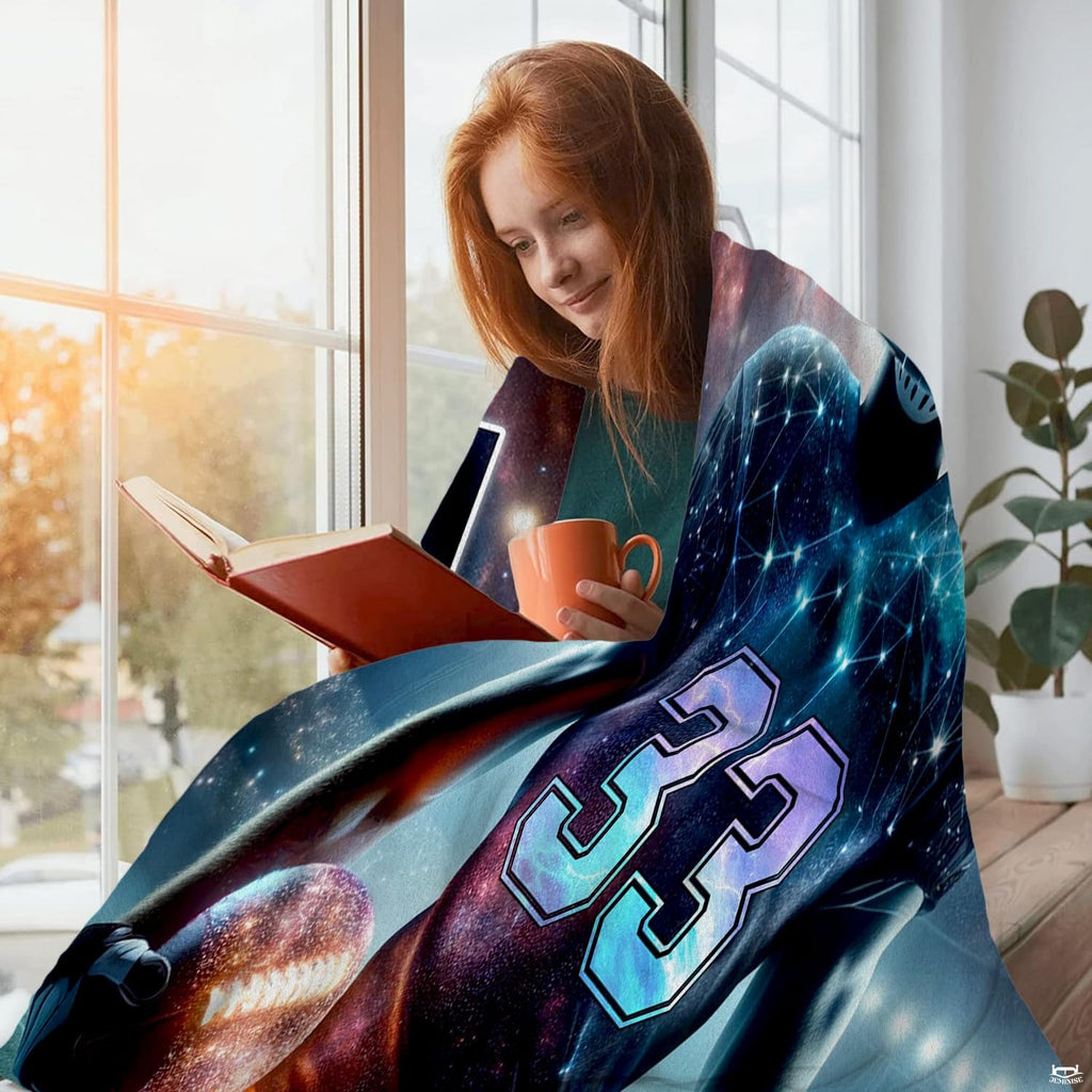 Cosmic galaxy football player with nebula constellation patterns under stadium lights, view 4.