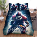 Football bedding displaying helmeted athlete in maroon uniform holding ball surrounded by electric blue smoke