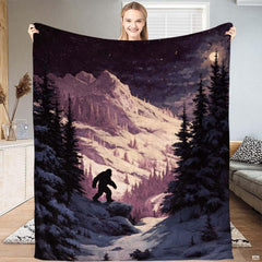 Bigfoot silhouette walking along snowy ridge under starry night bedding set backdrop
