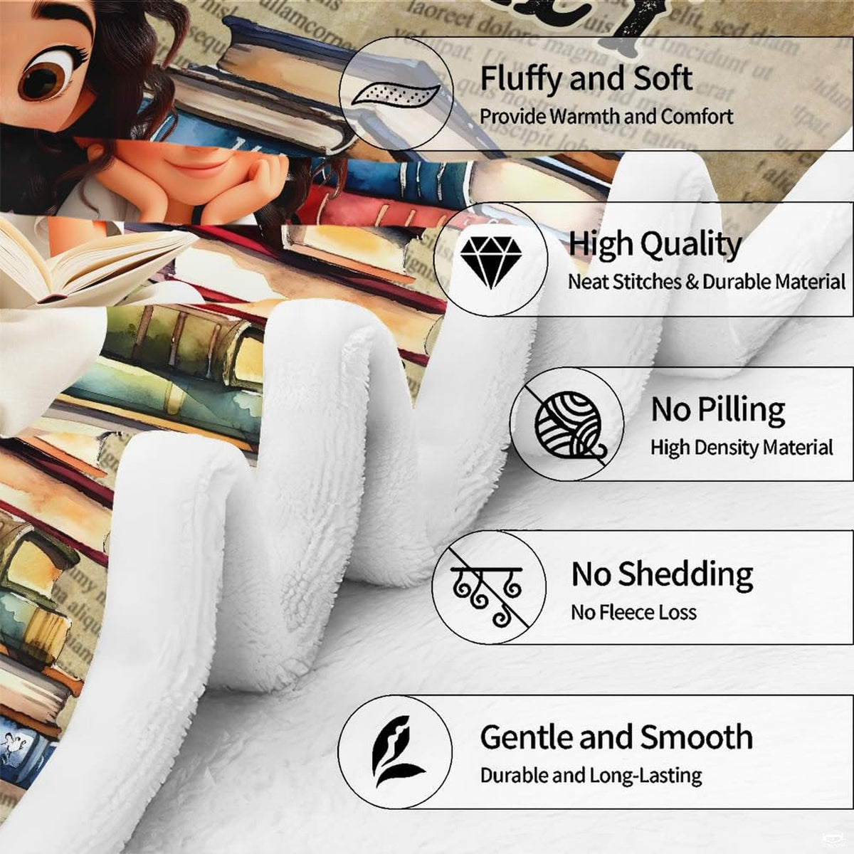 Folded perspective of the newsprint throw blanket highlighting print depth and perimeter finish.