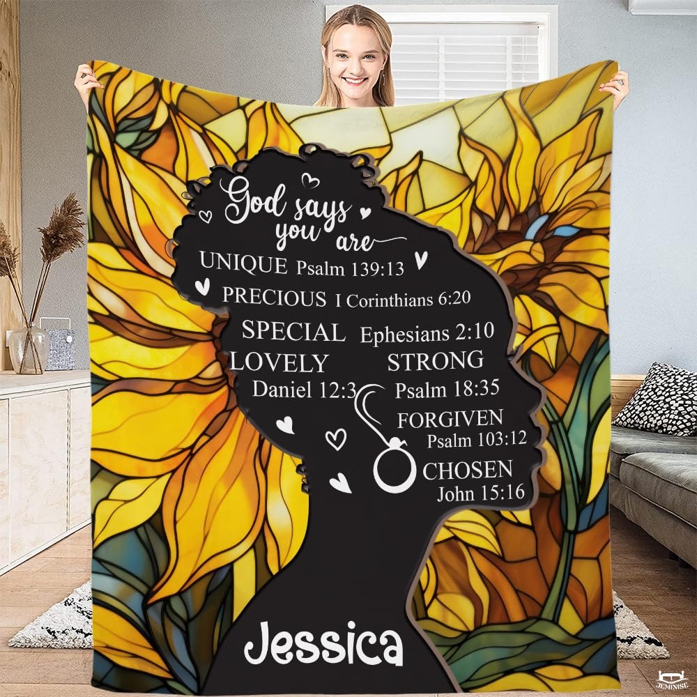 Personalized Sunflower Christian Blanket with Bible Verses – Custom Name Faith Gift for Her