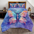 Purple butterfly and tulip garden bedding set featuring winged butterflies and floral blooms in serene patchwork tiles.