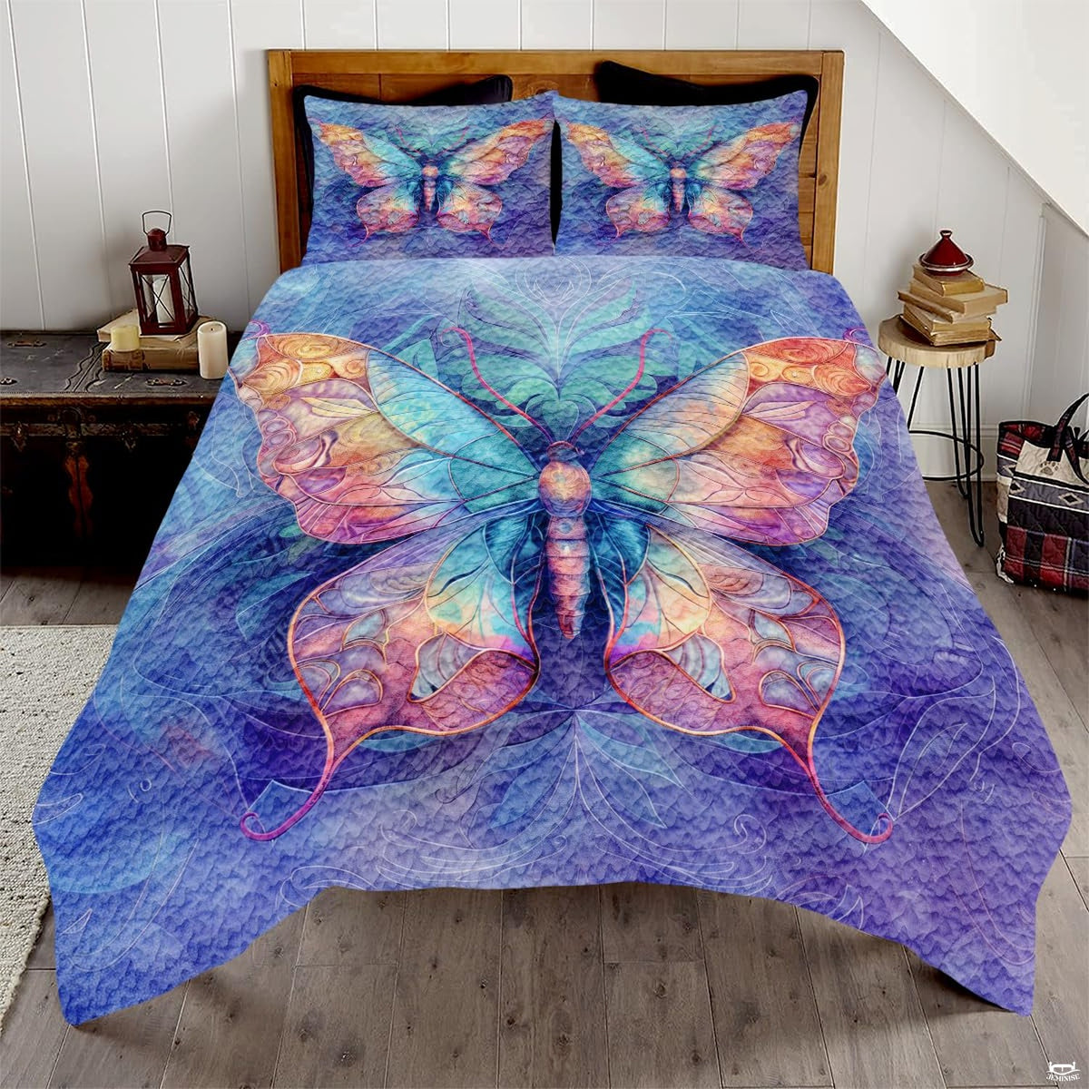 Purple butterfly and tulip garden bedding set featuring winged butterflies and floral blooms in serene patchwork tiles.