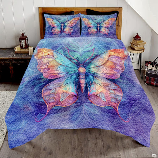 Purple butterfly and tulip garden bedding set featuring winged butterflies and floral blooms in serene patchwork tiles.