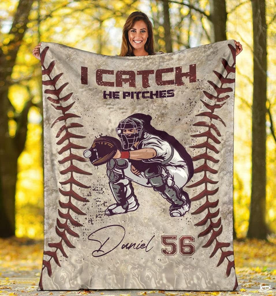 Custom Name Catcher Batter Baseball Baseball Throw, Baseball Blanket Gift Baseball Bedding Gift for Adult, Christmas New Years Gift for Baseball Player, Pitcher Gift (Baseball Design 17)