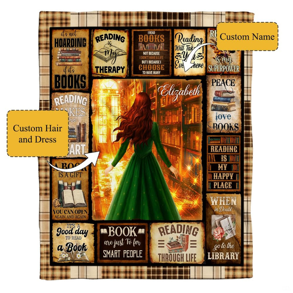 Overhead perspective of bookish bedroom decor bedding set with vintage thematic accent motifs and plaid border.
