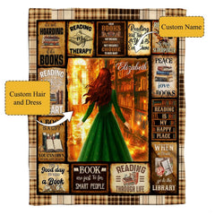Overhead perspective of bookish bedroom decor bedding set with vintage thematic accent motifs and plaid border.