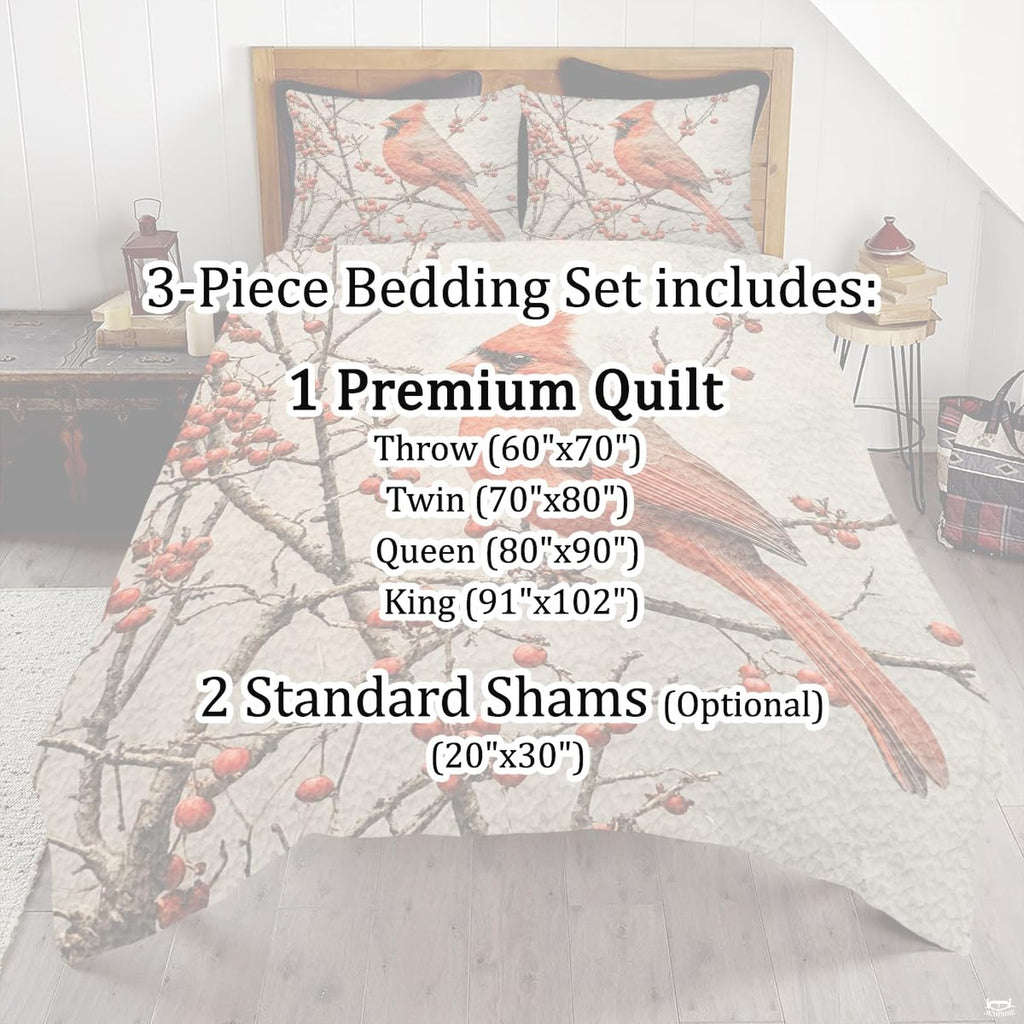 Bed dressed in red cardinal bird print bedding sets creating a rustic nature-inspired bedroom.