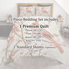 Bed dressed in red cardinal bird print bedding sets creating a rustic nature-inspired bedroom.