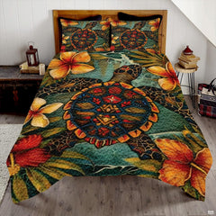 Island hibiscus sea turtle Polynesian bedding set displayed neatly on a bed in a coastal bedroom