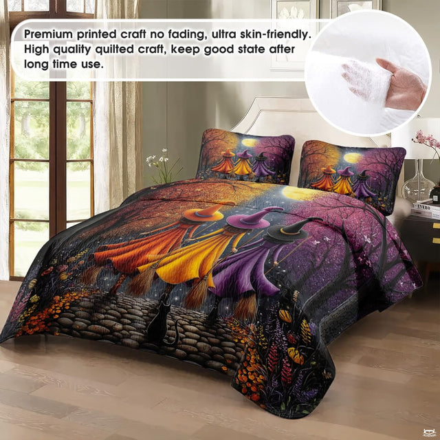 Halloween witch bedding in a softly lit bedroom