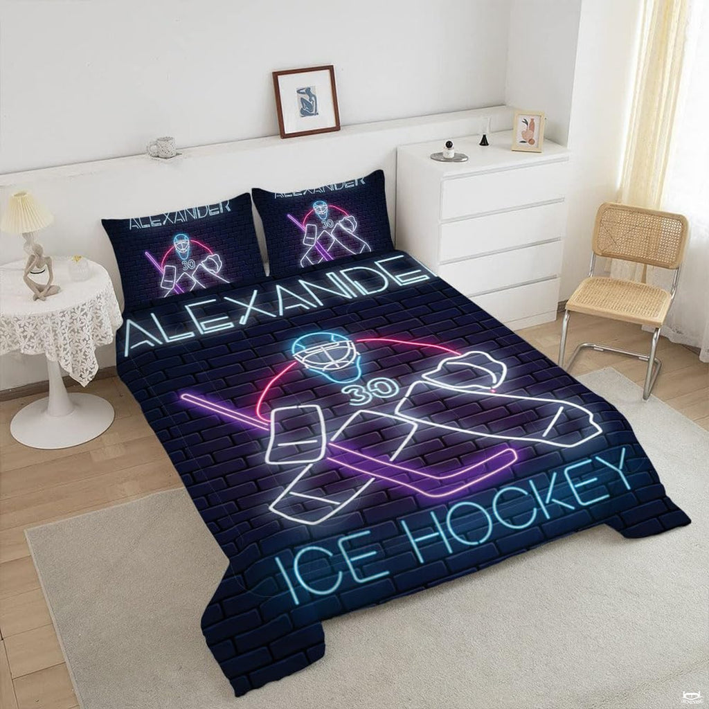 Close-up perspective of ice hockey bedding showing detailed cyan and magenta neon equipment illustrations