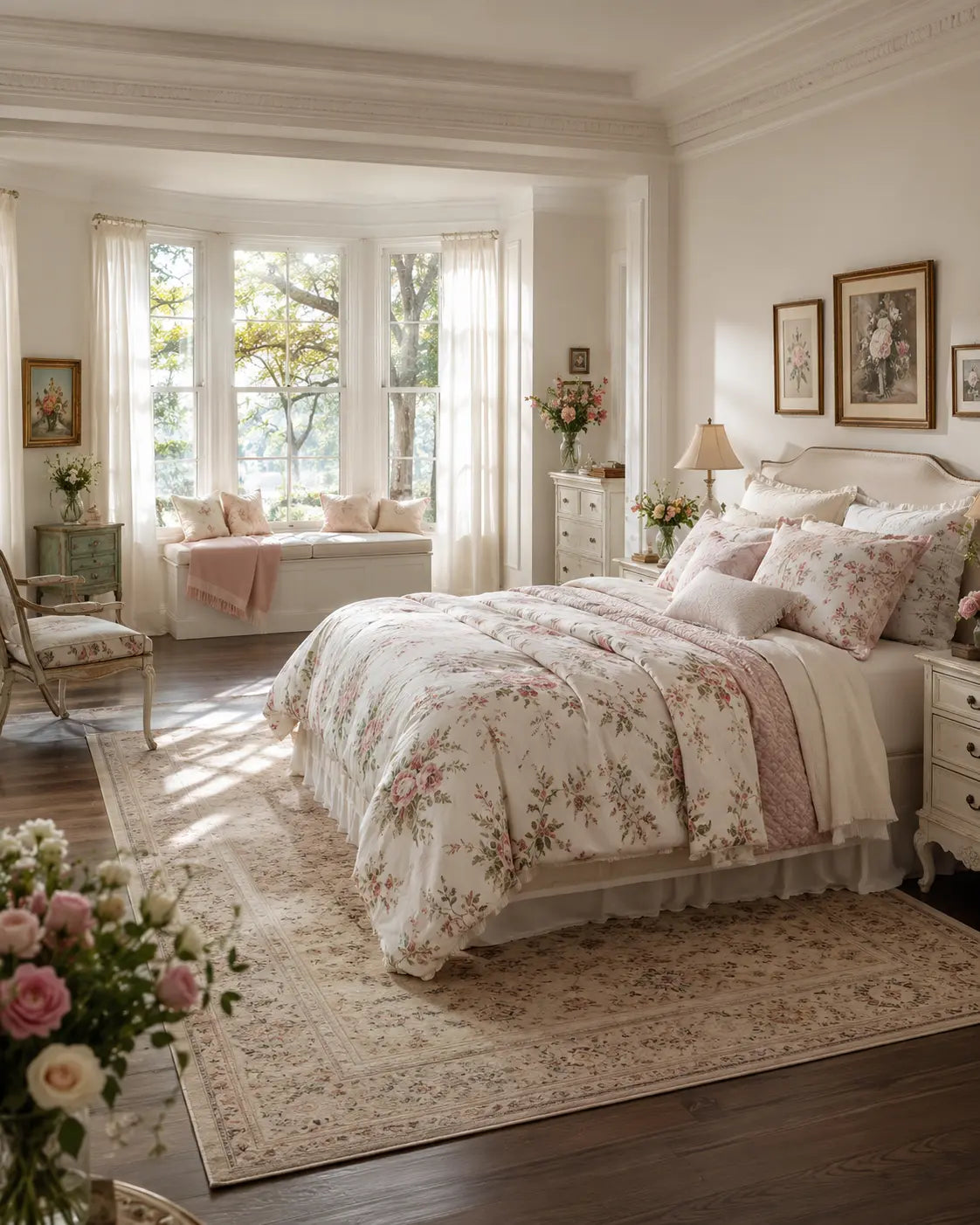 A beautifully styled bedroom featuring a bed dressed in a soft floral quilt and matching shams, set on a large patterned area rug. The room has warm cream walls, white trim, a window seat with a pink throw, and tasteful decor.