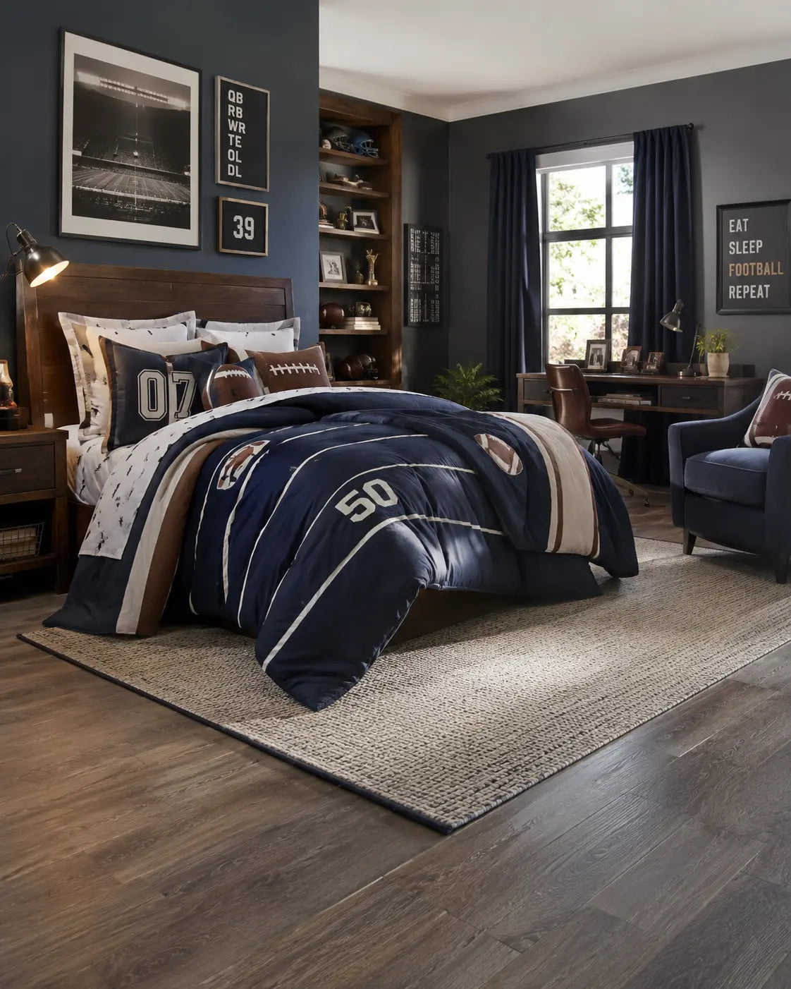 A navy, beige, and brown football-themed bedding set styled on a bed in a modern, dark-themed boy's bedroom with wood floors, a desk, and an armchair.