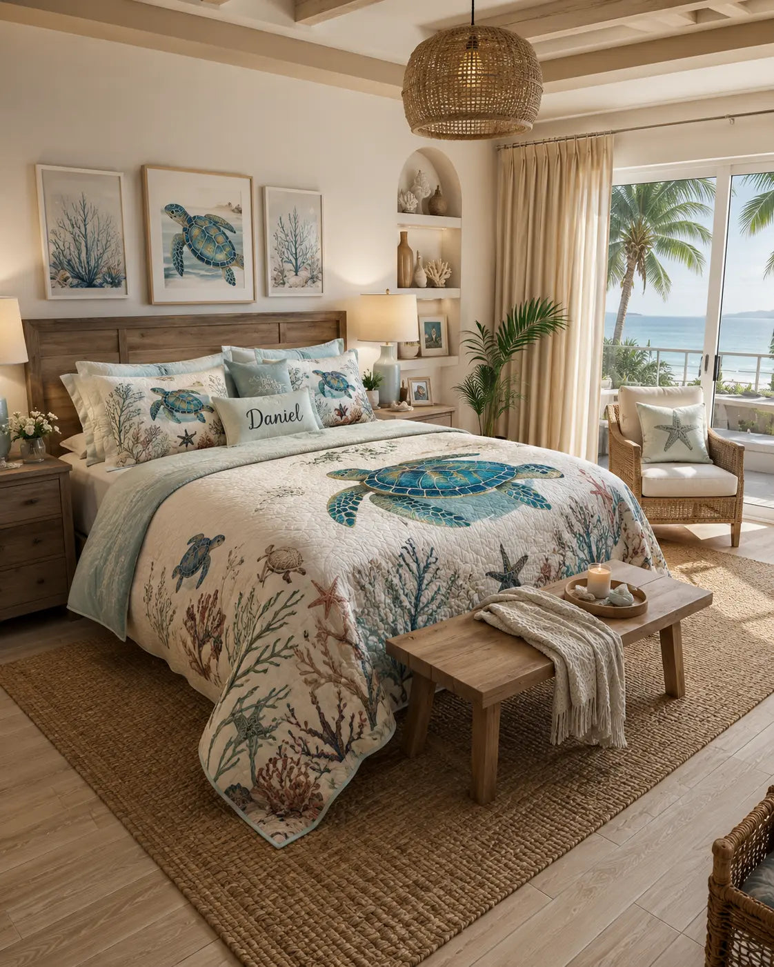 A beautifully styled beach-themed bedroom featuring a bed dressed in a cream and blue sea turtle print comforter and matching pillows. The room is decorated with nautical wall art, a wicker pendant light, a wooden bench, and a large woven rug, with a window overlooking the ocean and palm trees.